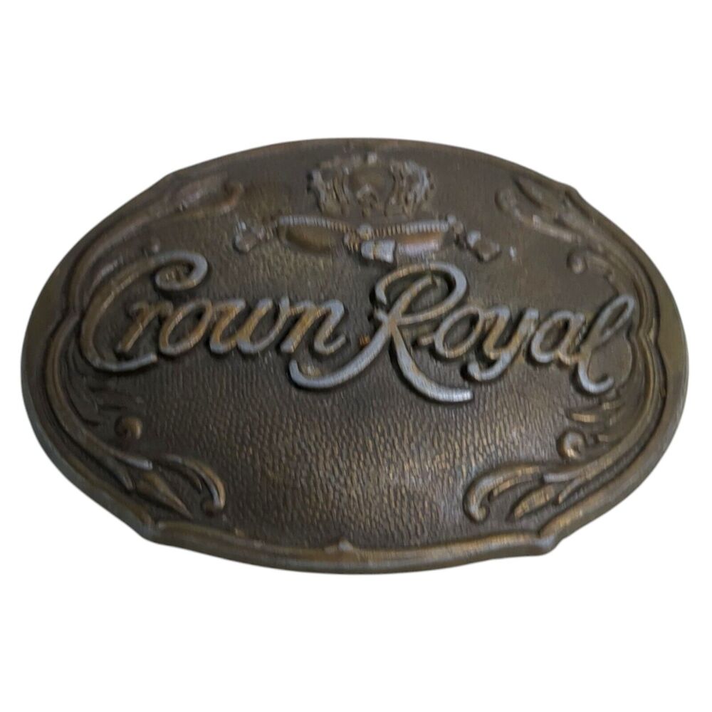 CROWN ROYAL Brass Belt Buckle Collectible Bourbon Whiskey Western Wear